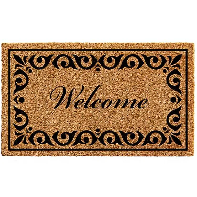 Doormats-Kirklands Home Tan and Black Scroll Welcome Doormat, 48x30 in.