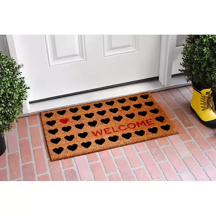 Doormats-Kirklands Home Tan and Black Welcome Heart Doormat
