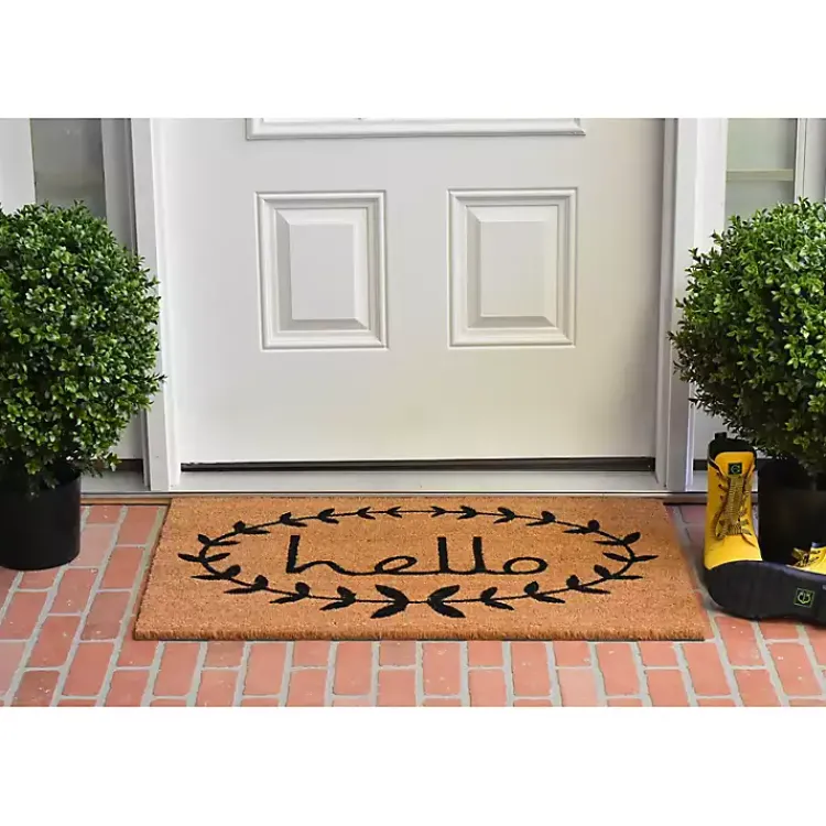 Doormats-Kirklands Home Tan and Black Evergreen Hello Doormat, 36x24 in.