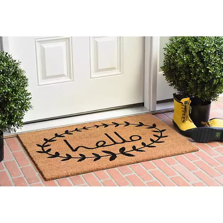 Doormats-Kirklands Home Tan and Black Evergreen Hello Doormat, 36x24 in.