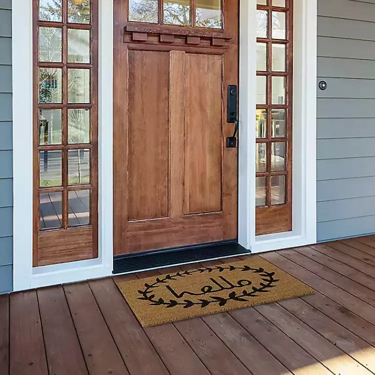 Doormats-Kirklands Home Tan and Black Evergreen Hello Doormat, 36x24 in.