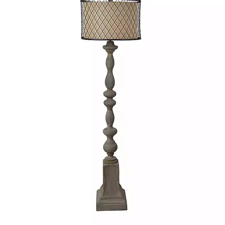 Floor Lamps-Kirklands Home Gray Distressed Metal Encased Shade Floor Lamp Tan
