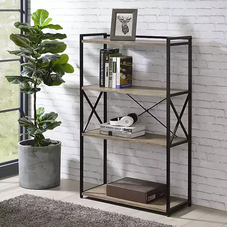 Bookshelves-Kirklands Home Gray Finish X Frame Open Shelf Bookcase