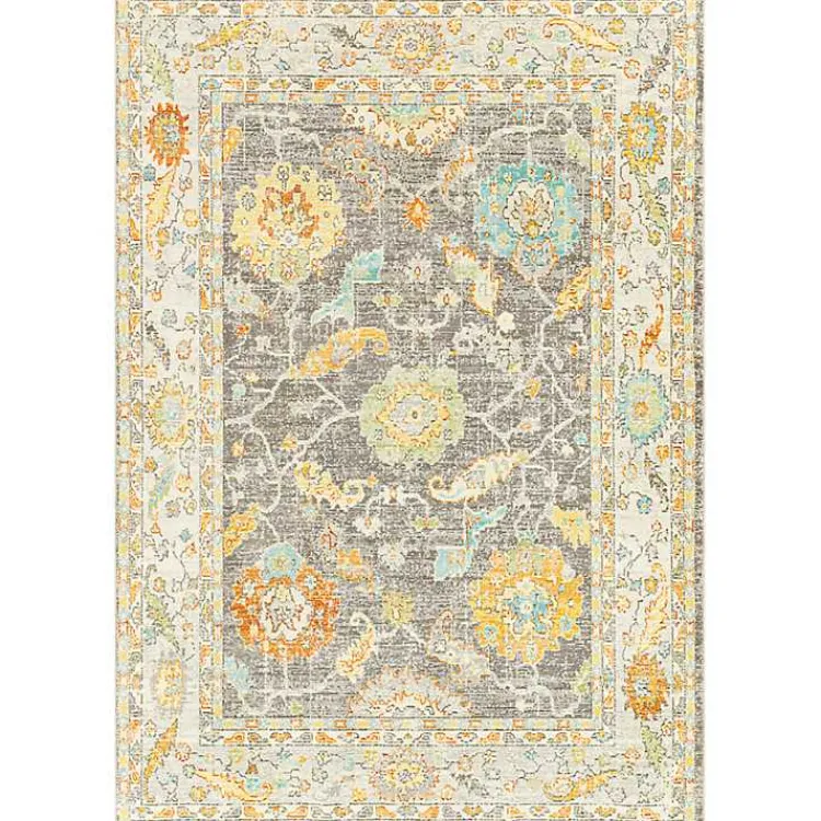 Area Rugs-Kirklands Home Soft Yellow and Gray Floral Area Rug, 8x12