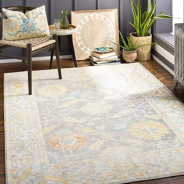 Area Rugs-Kirklands Home Soft Yellow and Gray Floral Area Rug, 8x12