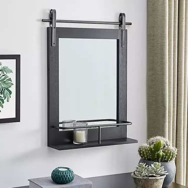 Decorative Mirrors-Kirklands Home Barn Door Wall Mirror with Shelf Black