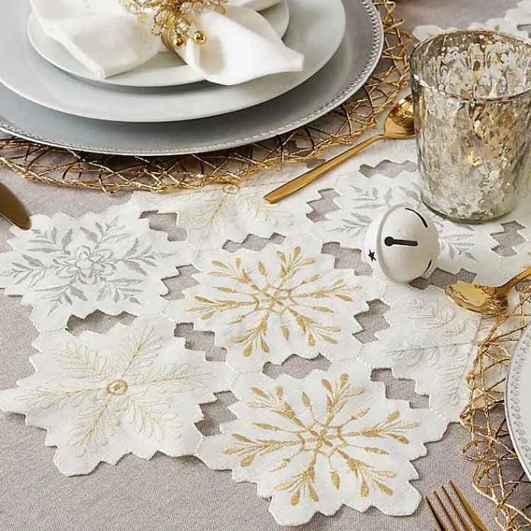 Table Linens-Kirklands Home White Embroidered Snowflakes Table Runner
