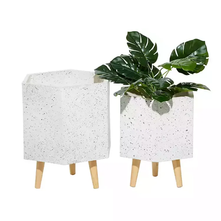Planters-Kirklands Home Speckled Planters with Wooden Legs, Set of 2 White