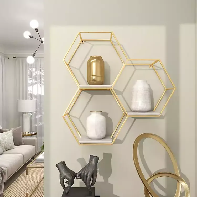 Shelves-Kirklands Home Frame Marble Honeycomb Wall Shelf Gold