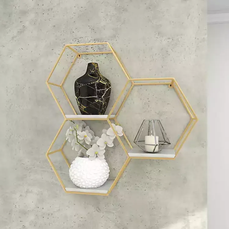 Shelves-Kirklands Home Frame Marble Honeycomb Wall Shelf Gold