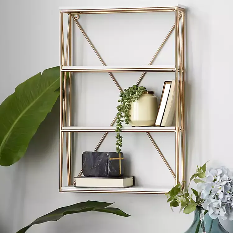Shelves-Kirklands Home Gold X-Frame Daisy White Wood Wall Shelf