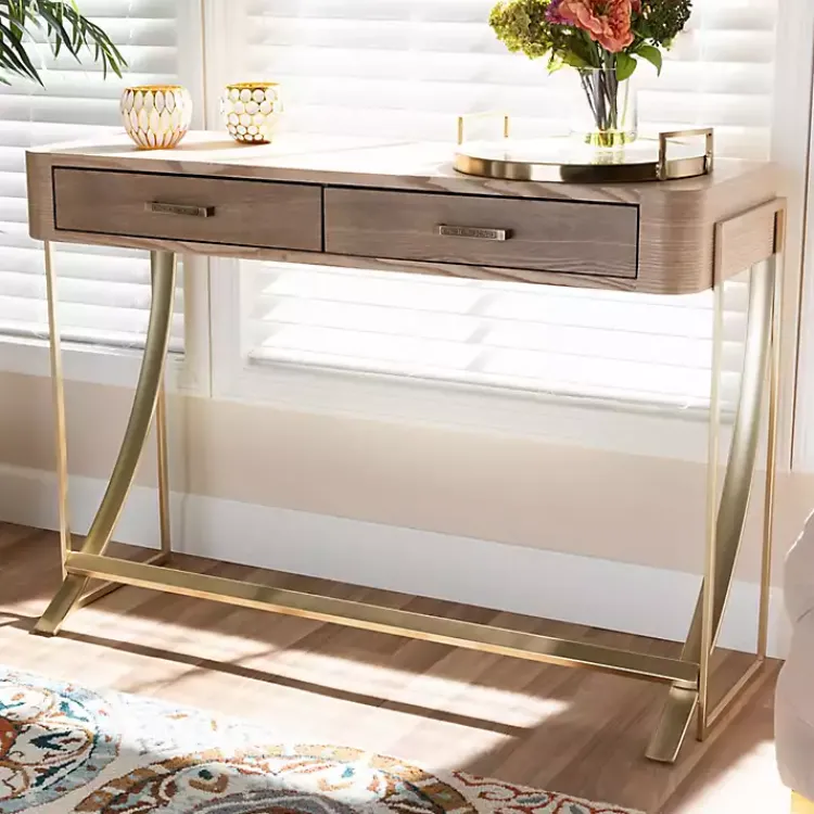 Entryway Furniture-Kirklands Home Gold Metal Frame Two-Drawer Console Table
