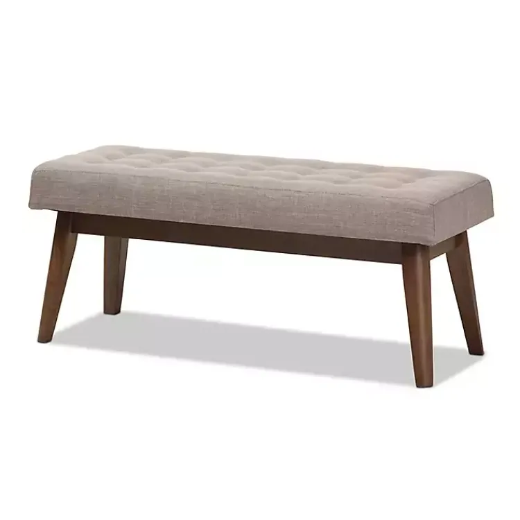 Benches & Ottomans-Kirklands Home Light Tufted Walnut Wood Bench Gray