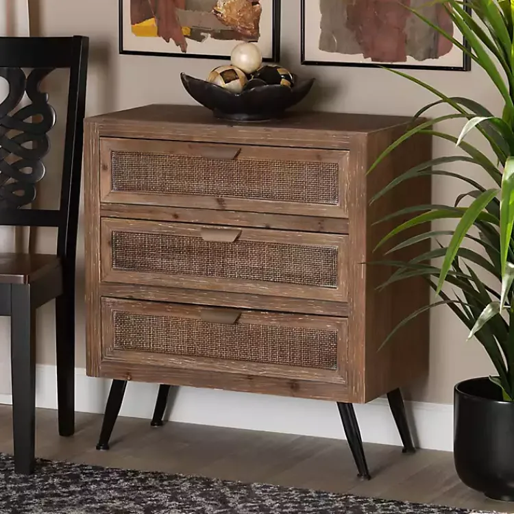 Cabinets & Sideboards-Kirklands Home Wood and Rattan 3-Drawer Cabinet Brown