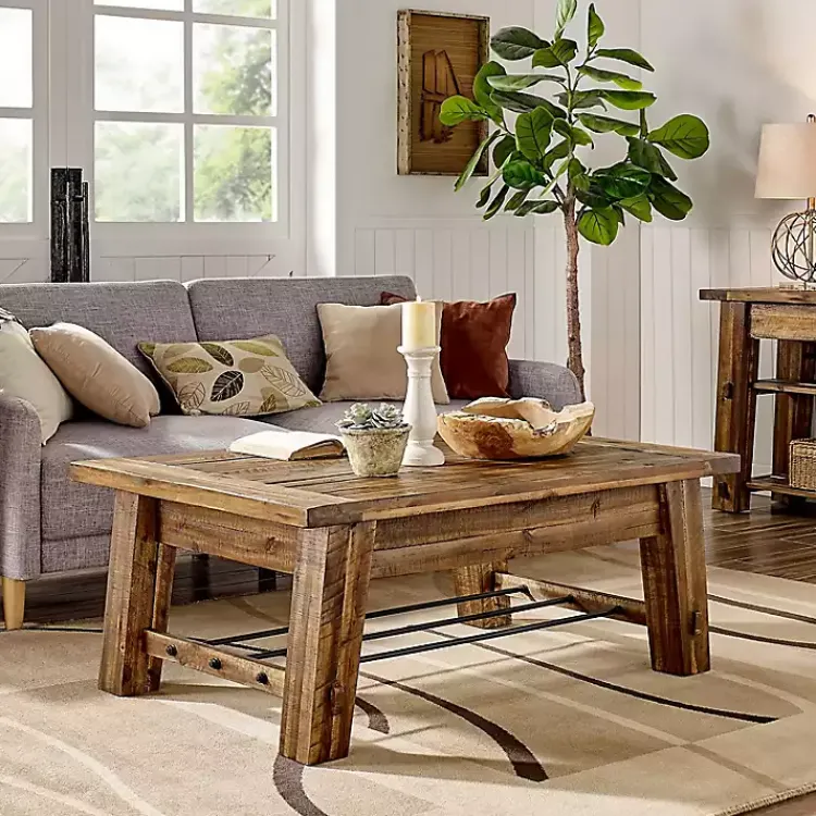 Coffee Tables-Kirklands Home Honey Acacia Wood Coffee Table with Metal Bars Tan