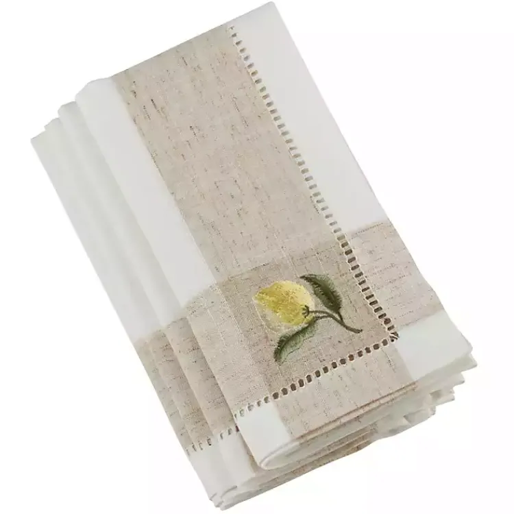 Table Linens-Kirklands Home Tan Hemstitch Embroidered Lemon Napkins, Set of 4
