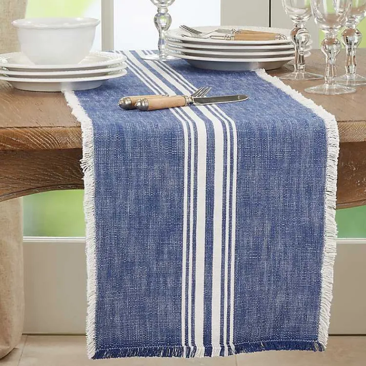Table Linens-Kirklands Home Blue Striped Fringe Table Runner, 72 in.