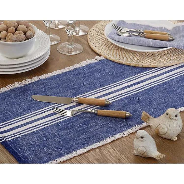 Table Linens-Kirklands Home Blue Striped Fringe Table Runner, 72 in.