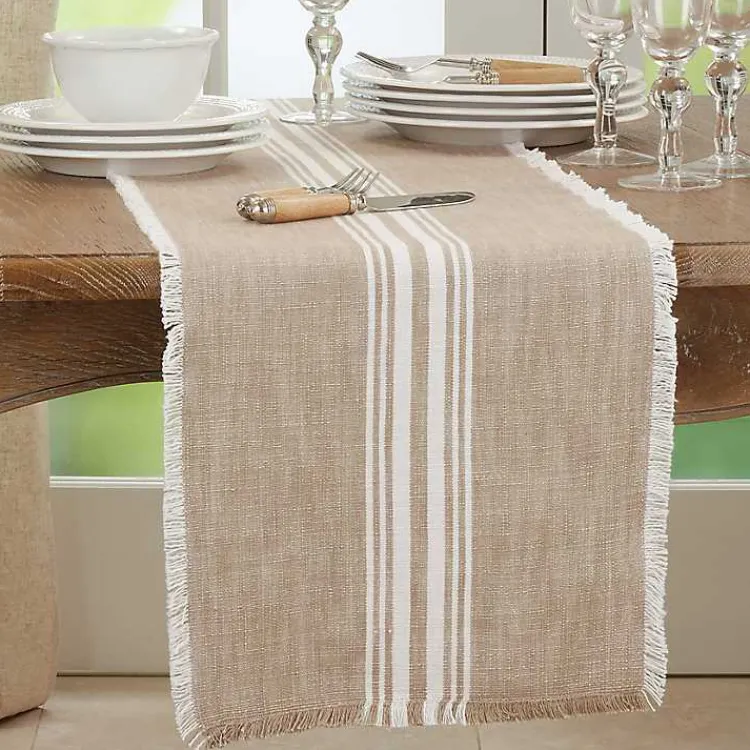 Table Linens-Kirklands Home Natural Striped Fringe Table Runner, 72 in. Tan
