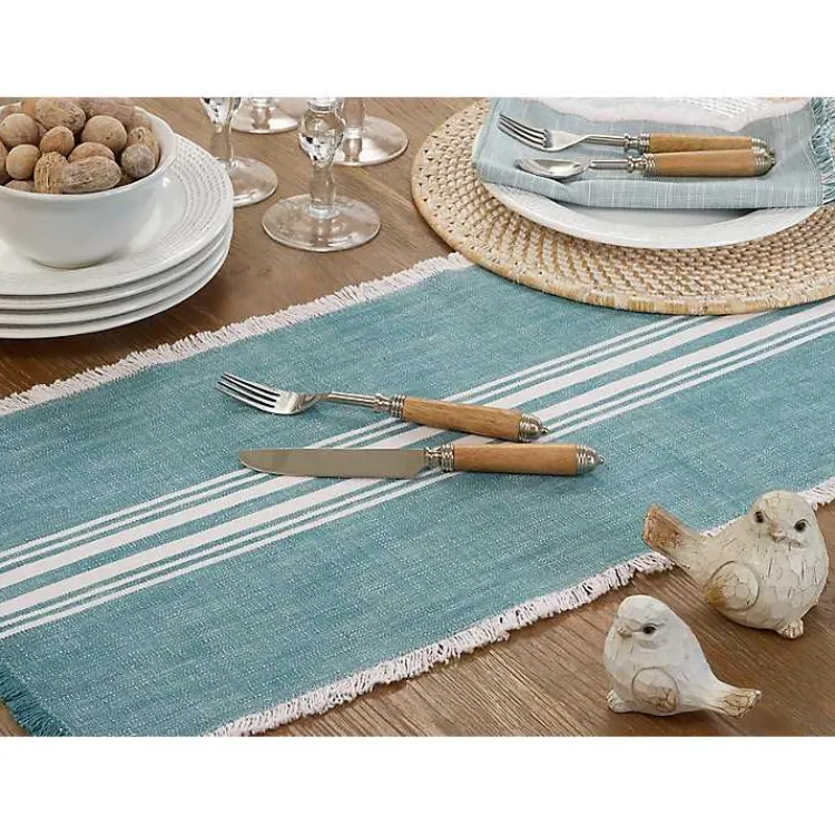 Table Linens-Kirklands Home Light Blue Striped Fringe Table Runner, 72 in.