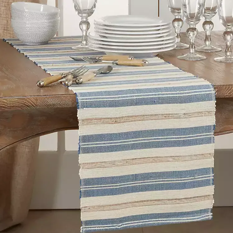 Table Linens-Kirklands Home Blue Long Striped Water Hyacinth Table Runner