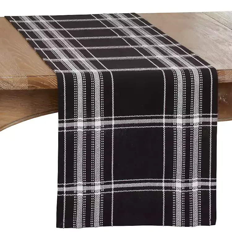 Table Linens-Kirklands Home Plaid Cotton Table Runner, 72 in. Black
