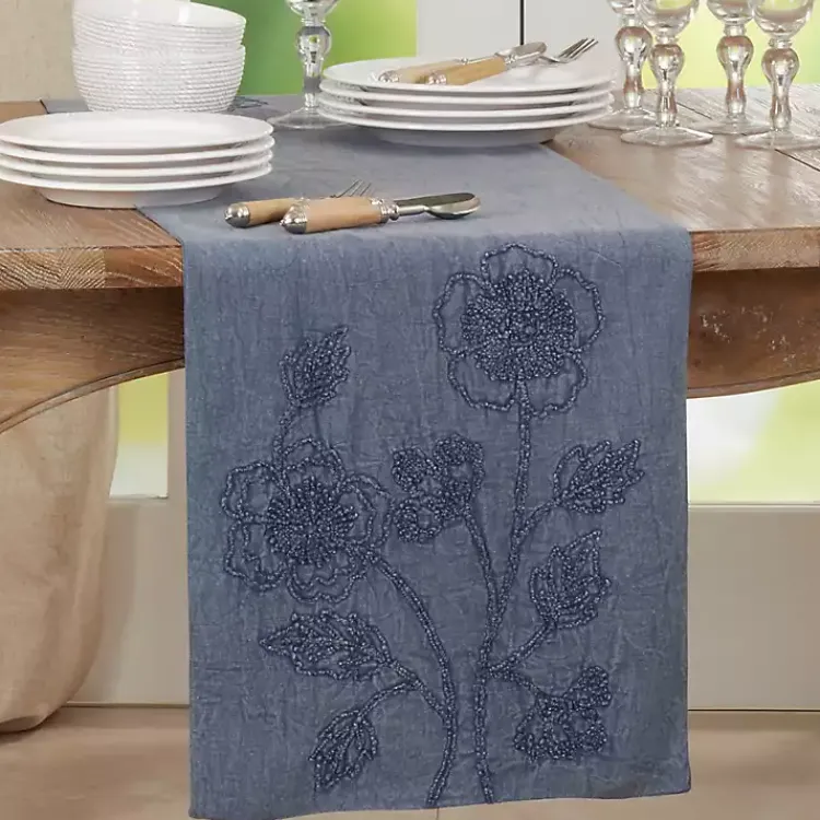Table Linens-Kirklands Home Deep Floral Embroidered Table Runner Blue