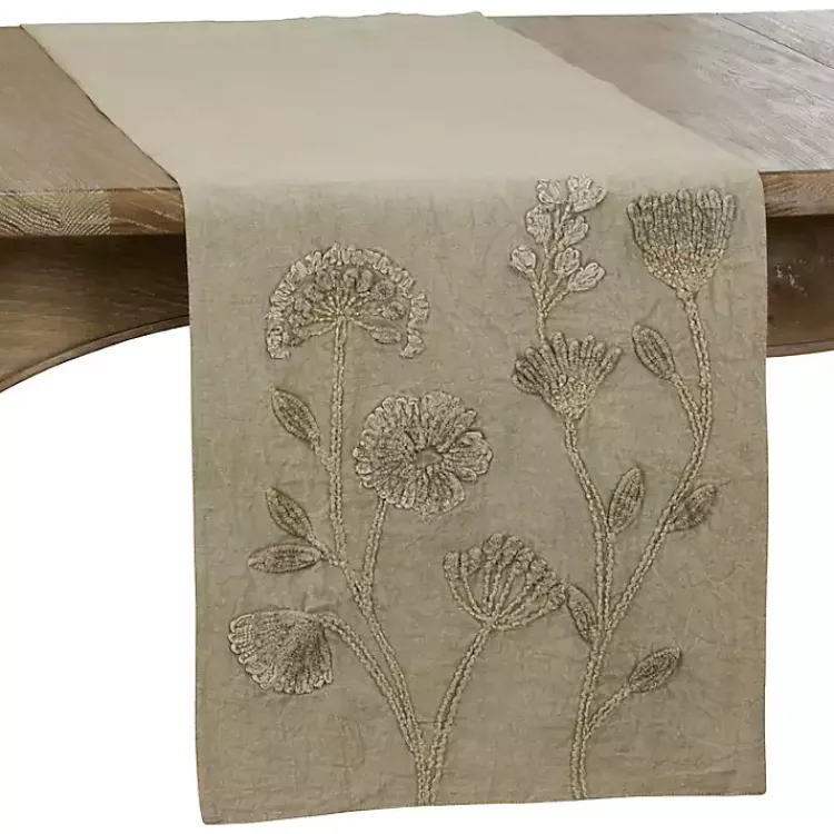 Table Linens-Kirklands Home Sand Beige Floral Embroidered Table Runner Tan