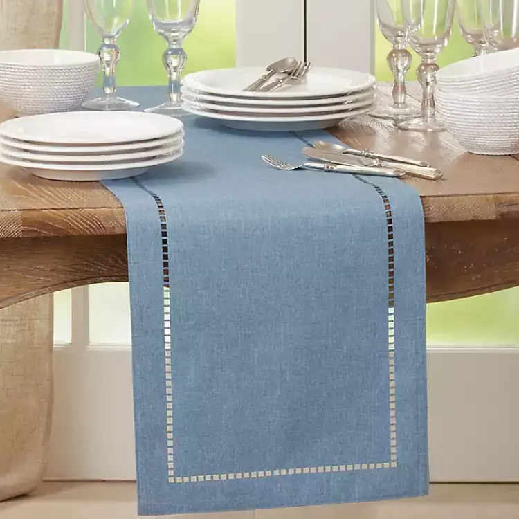 Table Linens-Kirklands Home Indigo Hemstitch Border Table Runner Blue