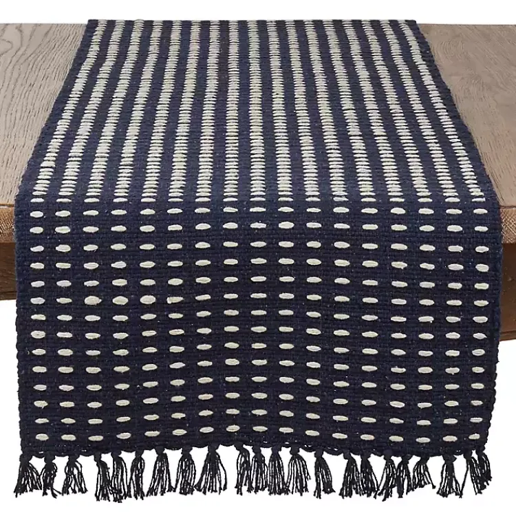 Table Linens-Kirklands Home Navy Blue Tasseled Woven Dash Table Runner