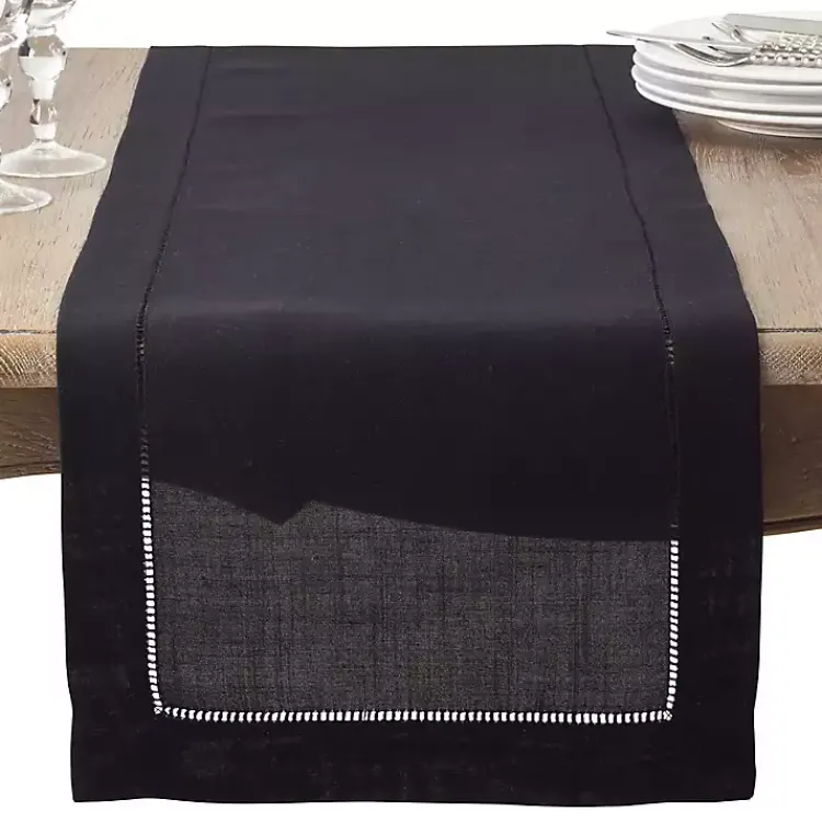 Table Linens-Kirklands Home Classic Hemstitch Border Polyester Runner Black