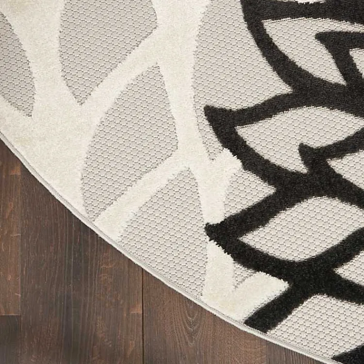 Outdoor Rugs-Kirklands Home Black and White Floral Round Outdoor Area Rug, 5x5