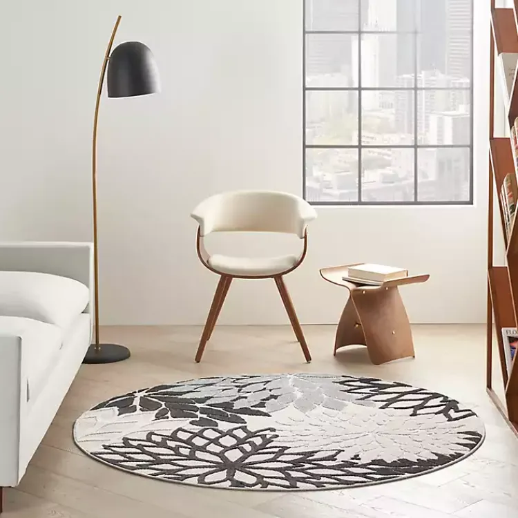 Outdoor Rugs-Kirklands Home Black and White Floral Round Outdoor Area Rug, 5x5