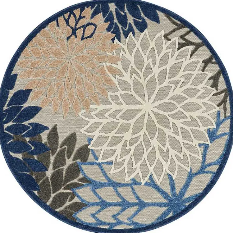 Outdoor Rugs-Kirklands Home Blue Floral Burst Round Outdoor Area Rug, 5x5