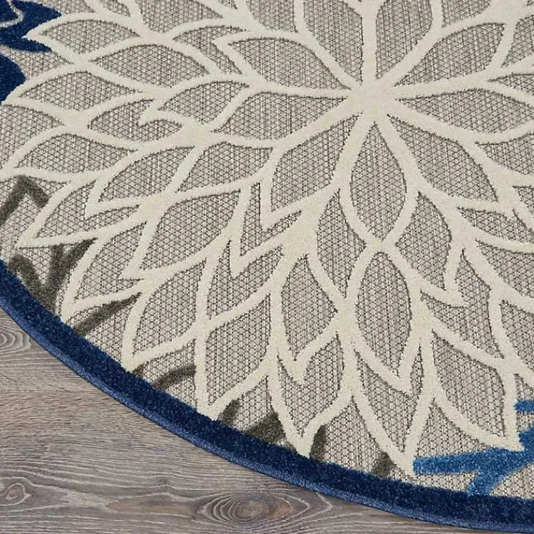 Outdoor Rugs-Kirklands Home Blue Floral Burst Round Outdoor Area Rug, 5x5