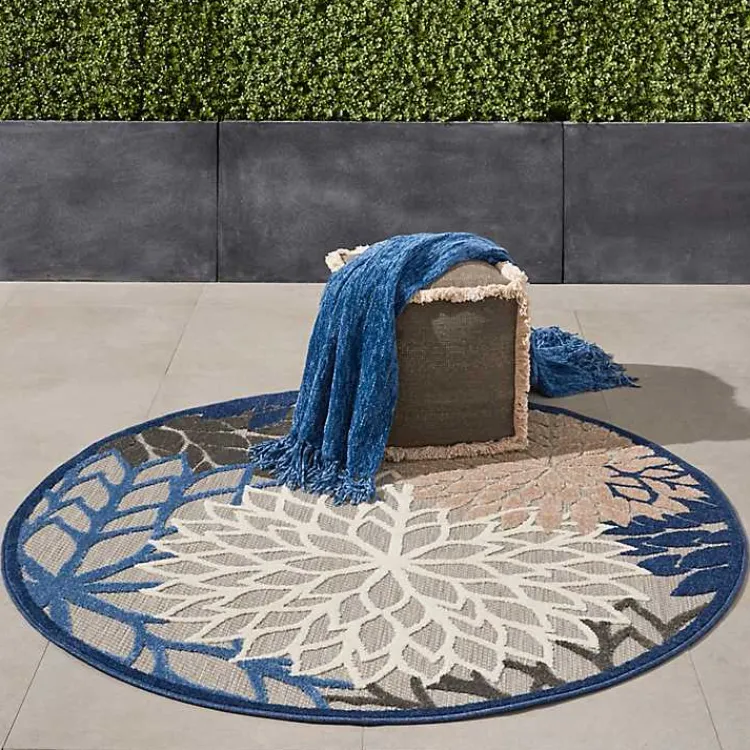 Outdoor Rugs-Kirklands Home Blue Floral Burst Round Outdoor Area Rug, 5x5
