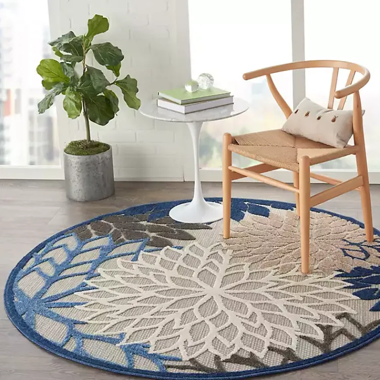 Outdoor Rugs-Kirklands Home Blue Floral Burst Round Outdoor Area Rug, 5x5