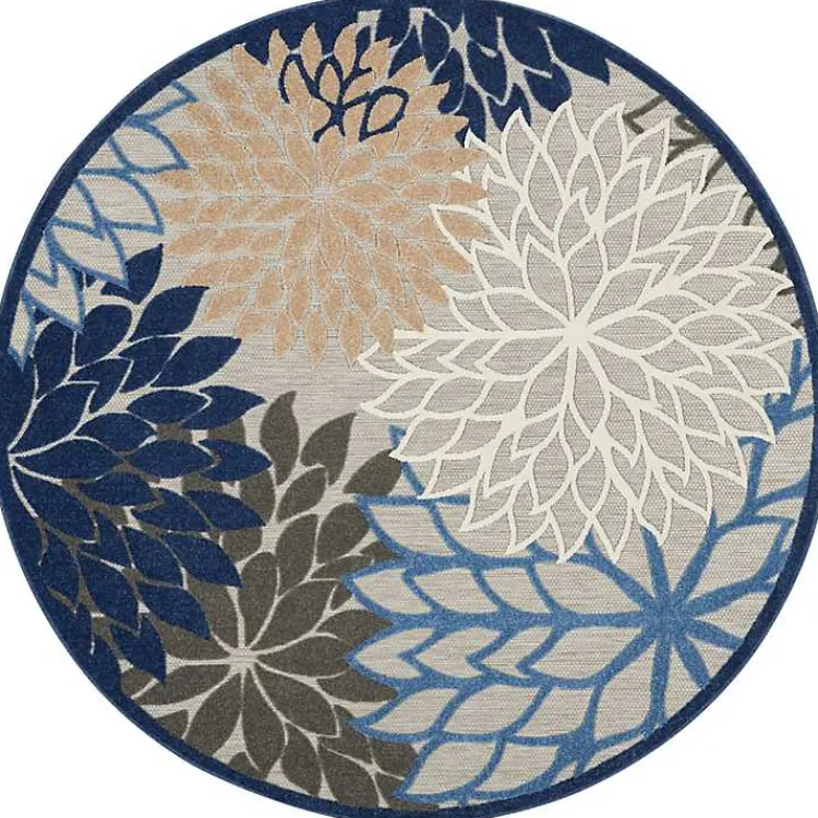 Outdoor Rugs-Kirklands Home Blue Floral Burst Round Outdoor Area Rug, 7x7