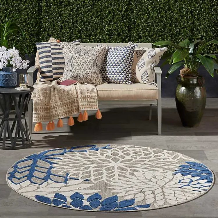 Outdoor Rugs-Kirklands Home Denim Floral Burst Round Outdoor Area Rug