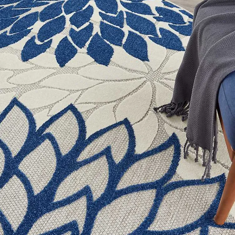 Outdoor Rugs-Kirklands Home Navy Floral Burst Round Outdoor Area Rug, 7x7
