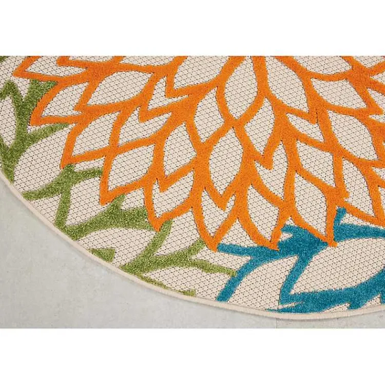 Outdoor Rugs-Kirklands Home Tangerine Floral Burst Round Outdoor Area Rug