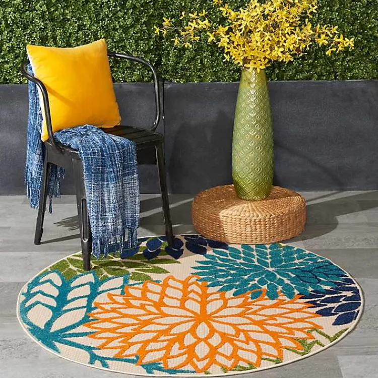 Outdoor Rugs-Kirklands Home Tangerine Floral Burst Round Outdoor Area Rug