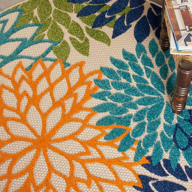 Outdoor Rugs-Kirklands Home Tangerine Floral Burst Round Outdoor Area Rug
