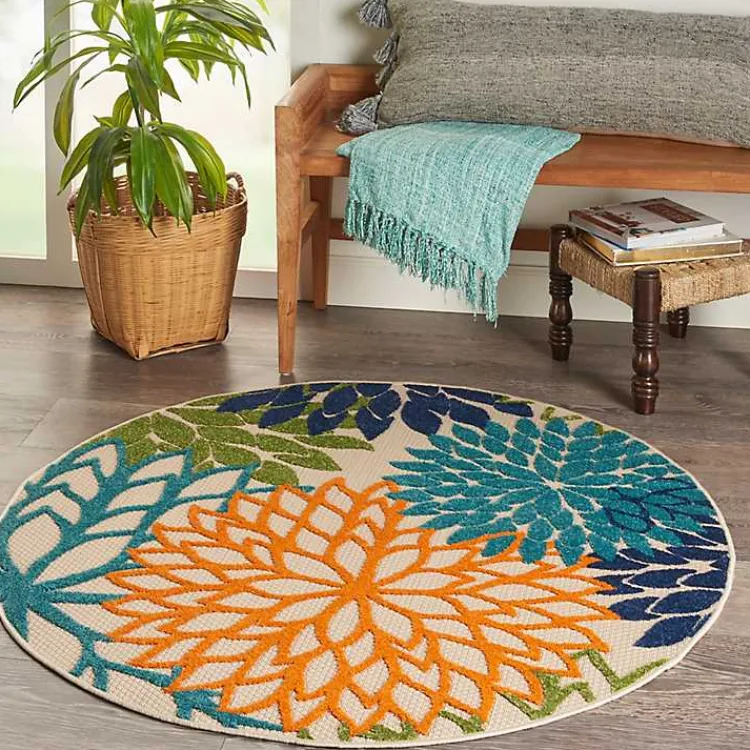 Outdoor Rugs-Kirklands Home Tangerine Floral Burst Round Outdoor Area Rug