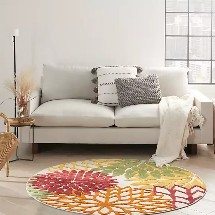 Outdoor Rugs-Kirklands Home Red Floral Burst Outdoor Round Area Rug, 5 ft.