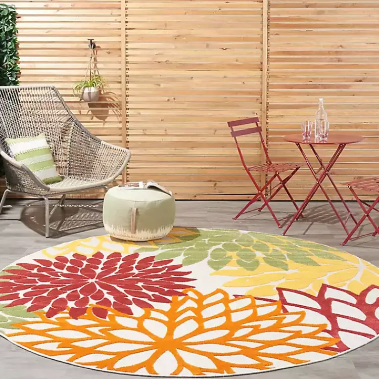 Outdoor Rugs-Kirklands Home Red Floral Burst Outdoor Round Area Rug, 7 ft.