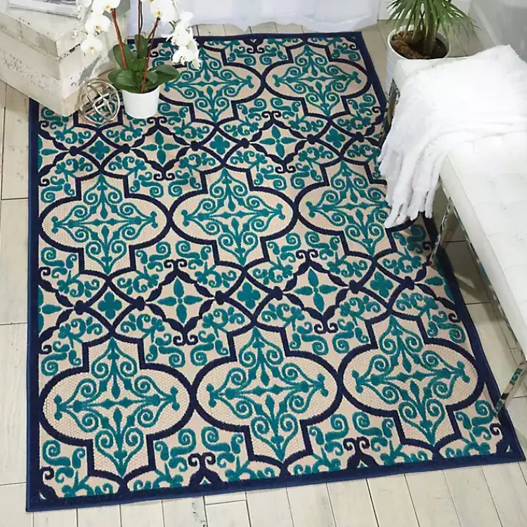 Outdoor Rugs-Kirklands Home Navy Trellis Outdoor Area Rug, 7x10