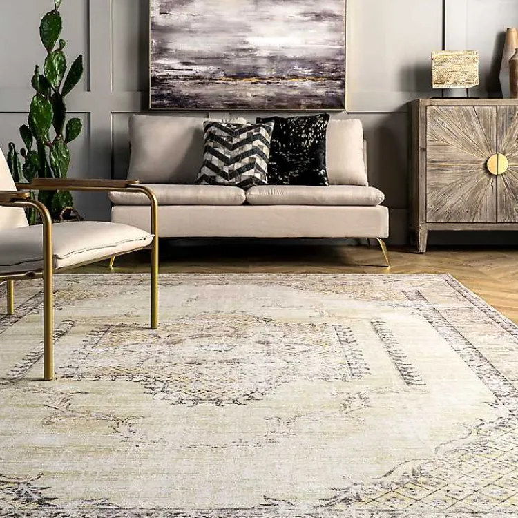 Area Rugs-Kirklands Home Gray Faded Medallion Washable Area Rug, 4x6