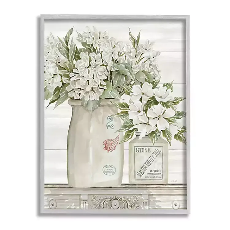 Framed Art-Kirklands Home Floral Ceramic Jar Framed Wood Wall Plaque White