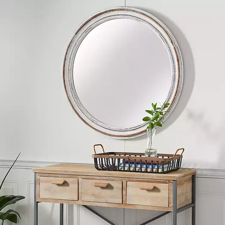 Decorative Mirrors-Kirklands Home Distressed White Wood Round Frame Wall Mirror